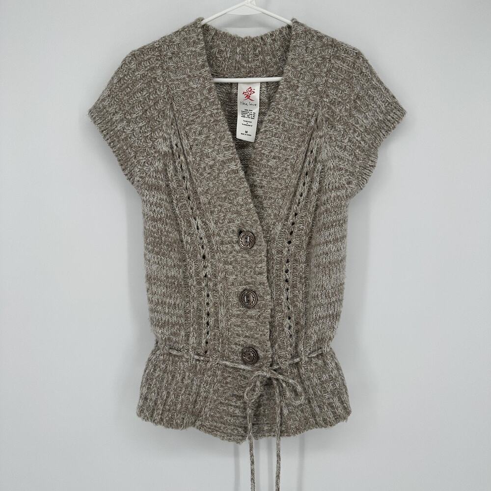 Like Love Sweater Womens Medium Gray Knit Cardigan Short Sleeve Button Tie Waist